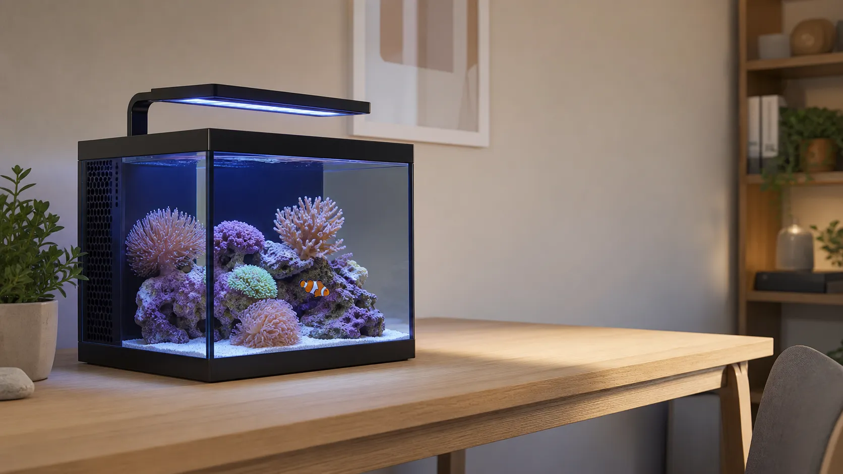 Compact black Fluval Evo style nano reef aquarium with blue reef lighting on a warm wooden desk