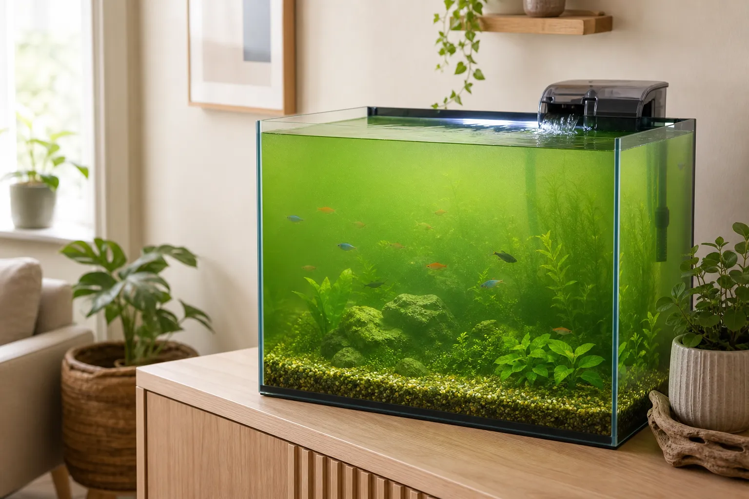 Freshwater aquarium with pea-green suspended algae, partially visible fish, planted aquascape, and a running filter in a bright living room