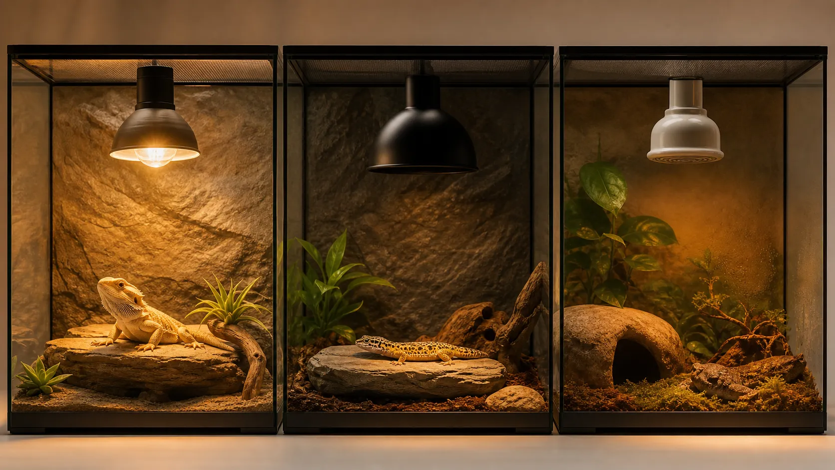 Side-by-side reptile heating setup with a bright halogen basking lamp, a dark deep heat projector, and a ceramic heat emitter over a terrarium