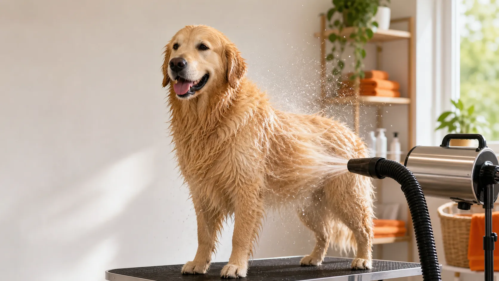 A groomer using a high-velocity dog dryer to blow water from a double-coated dog