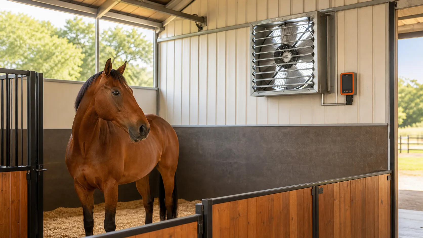 Calm bay horse in a clean stable with a high-mounted shutter exhaust fan and temperature controller on the wall