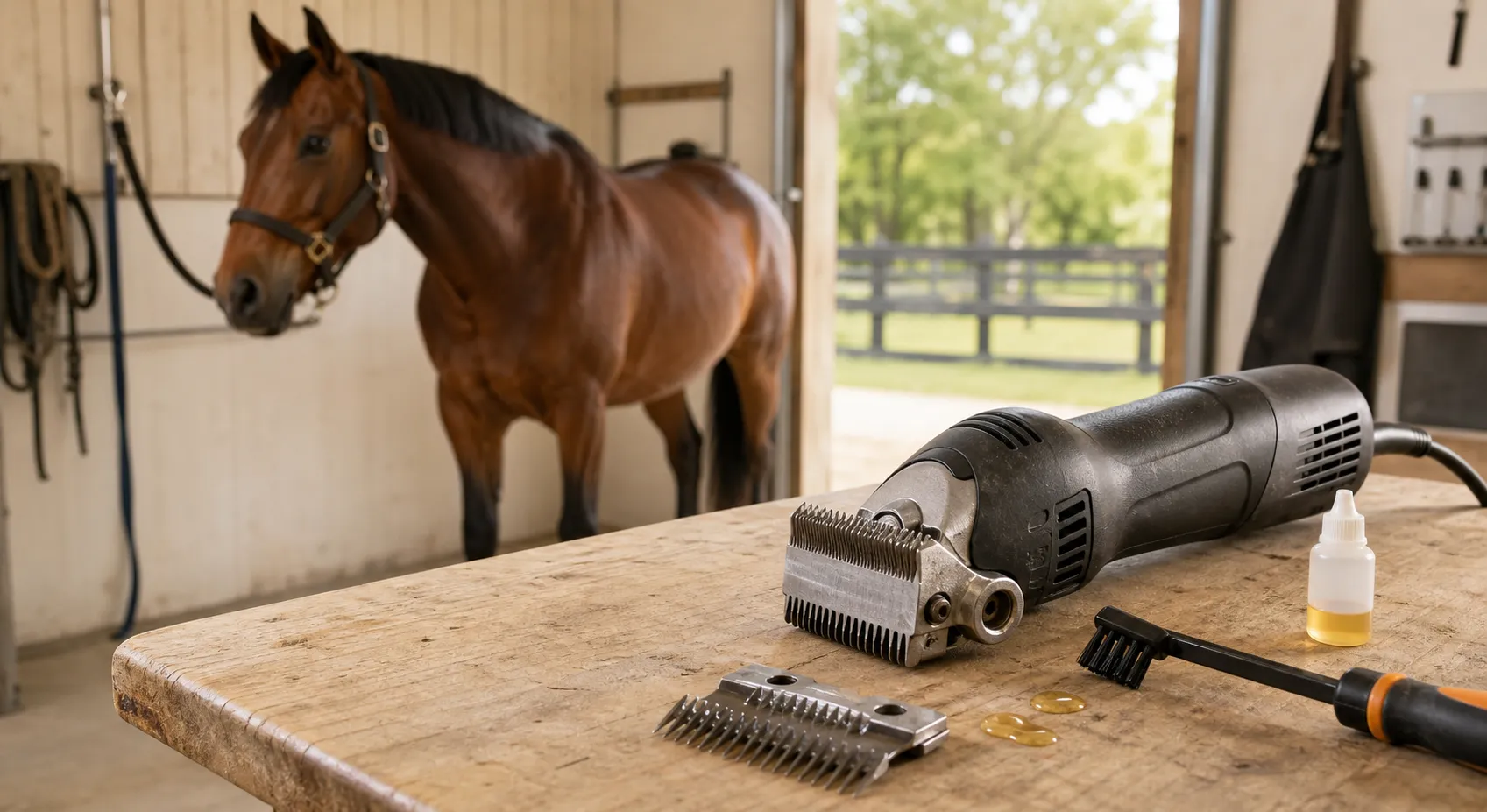 Horse clipper with detached blades, cleaning brush, and oil on a grooming table beside a calm bay horse in a bright barn