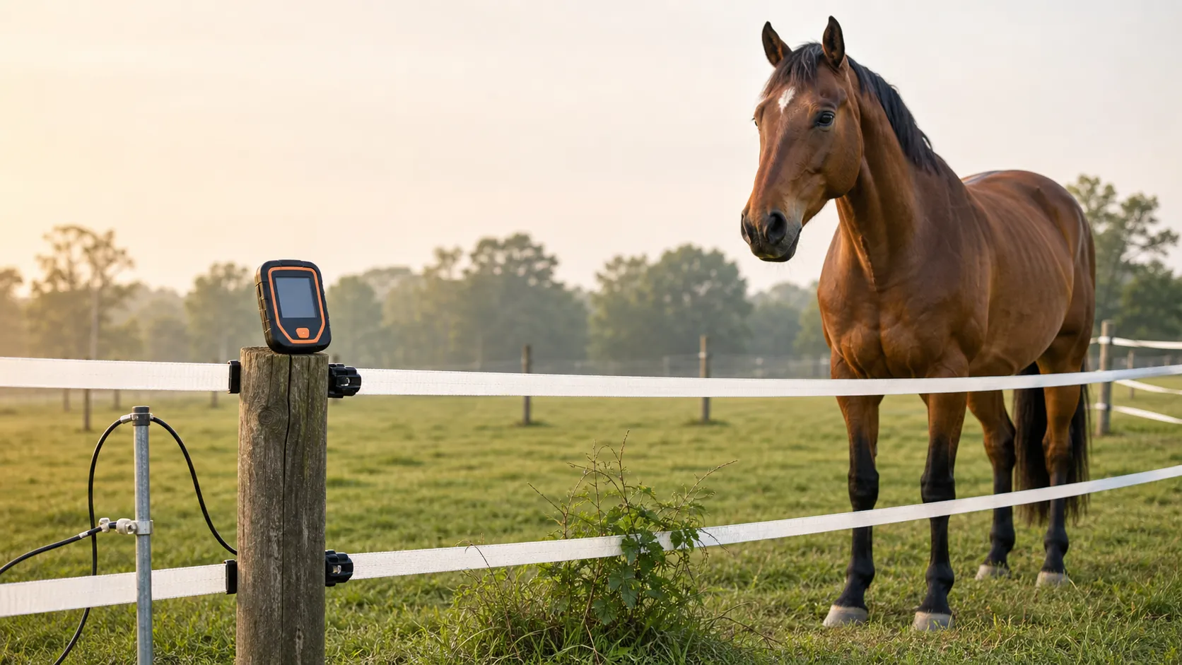 Calm bay horse beside a white poly-tape electric fence with a digital fence tester and grounding rod in the foreground