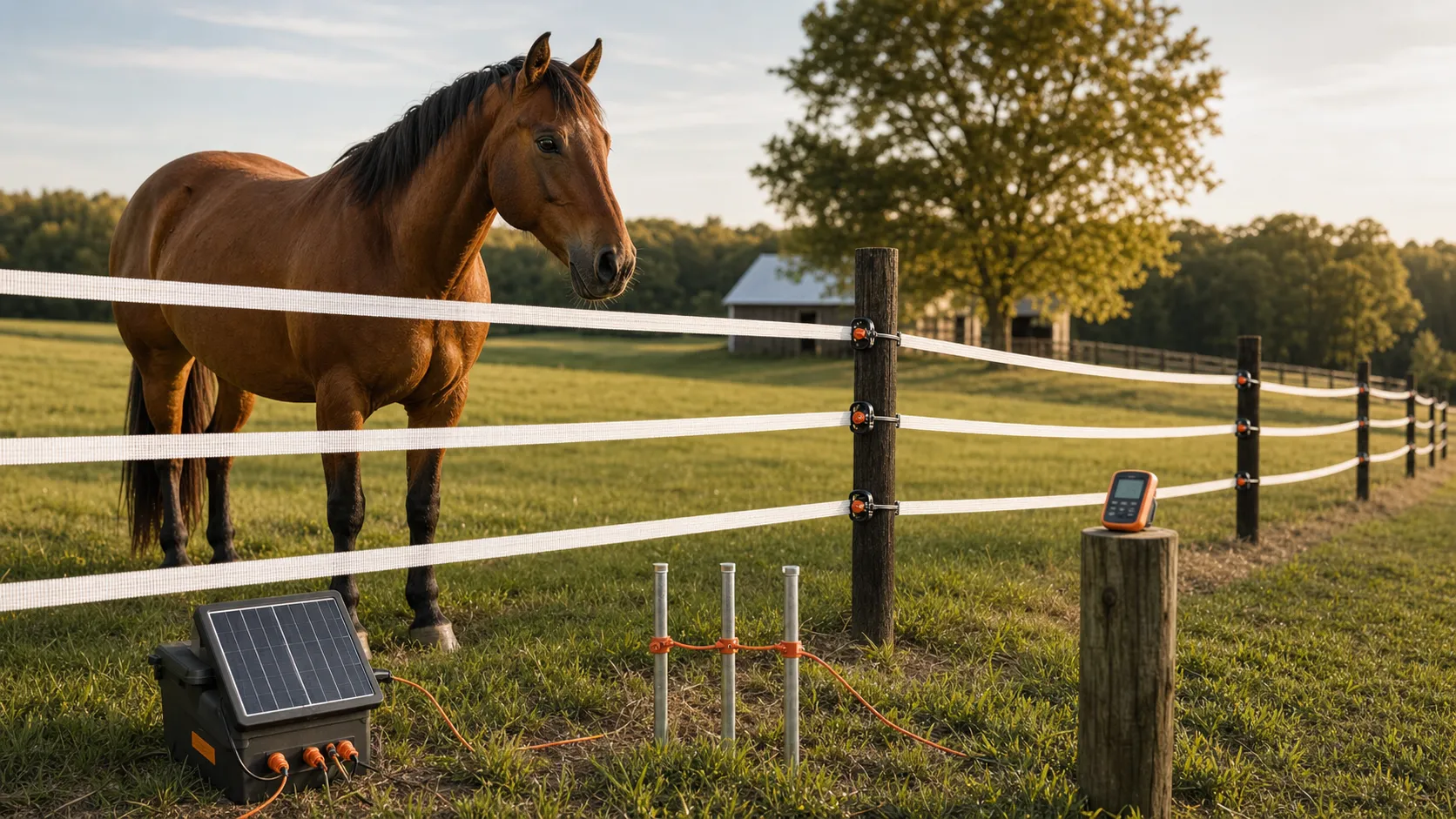 Bay horse beside a well-maintained electric pasture fence with a solar energizer, grounding rods, and a digital fence meter in warm afternoon light