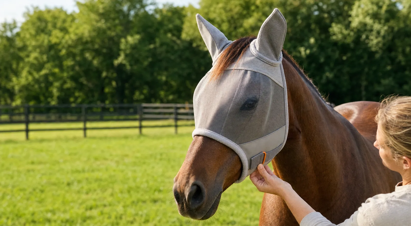 Calm horse wearing a properly fitted fly mask while a handler checks the lower closure