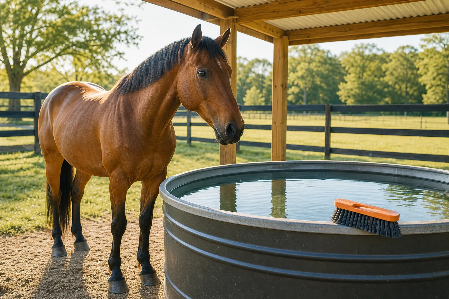 Bay horse beside a clean shaded water trough while a dedicated stiff brush rests on the rim