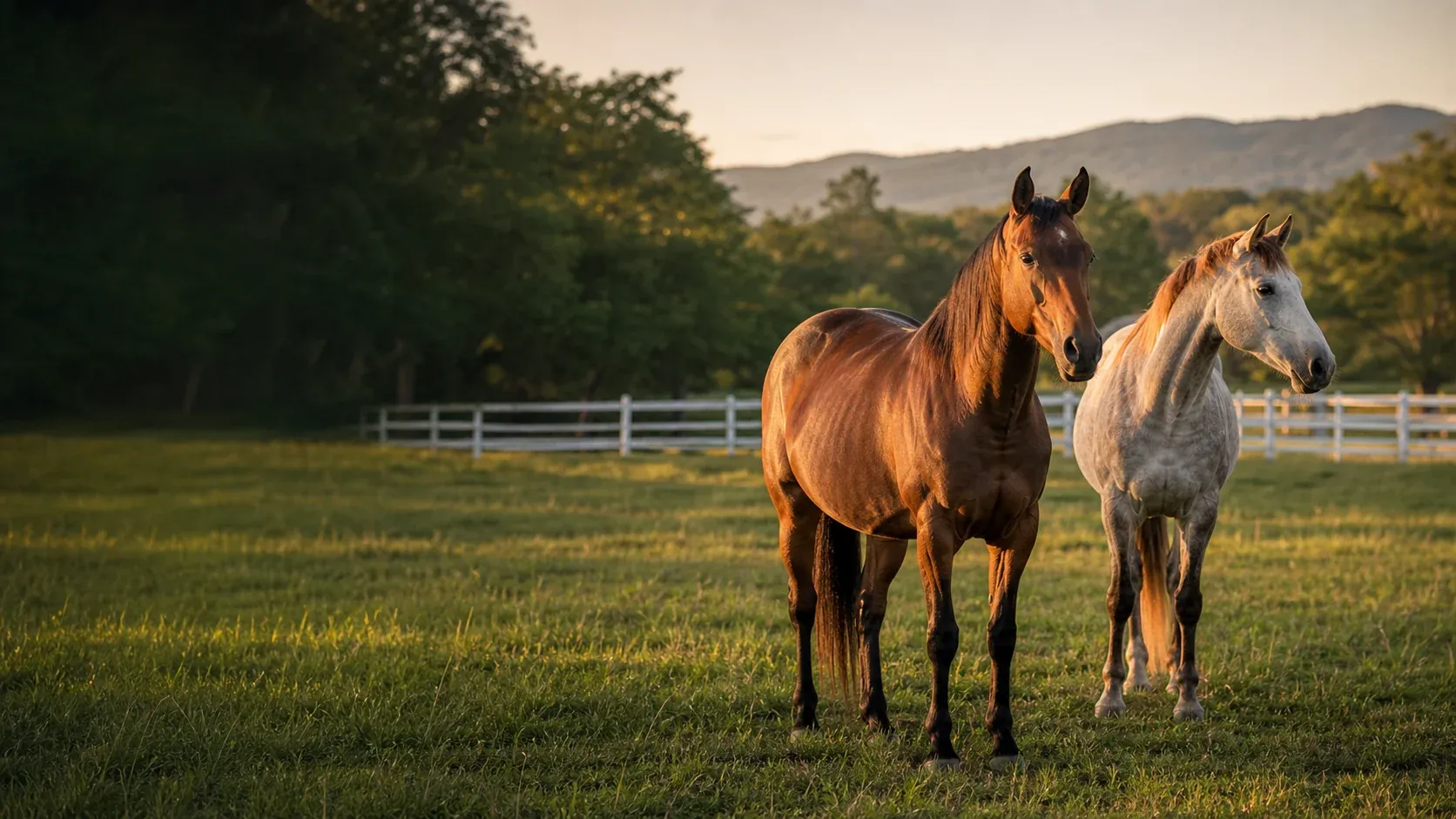 Two healthy horses standing in a green pasture at golden hour