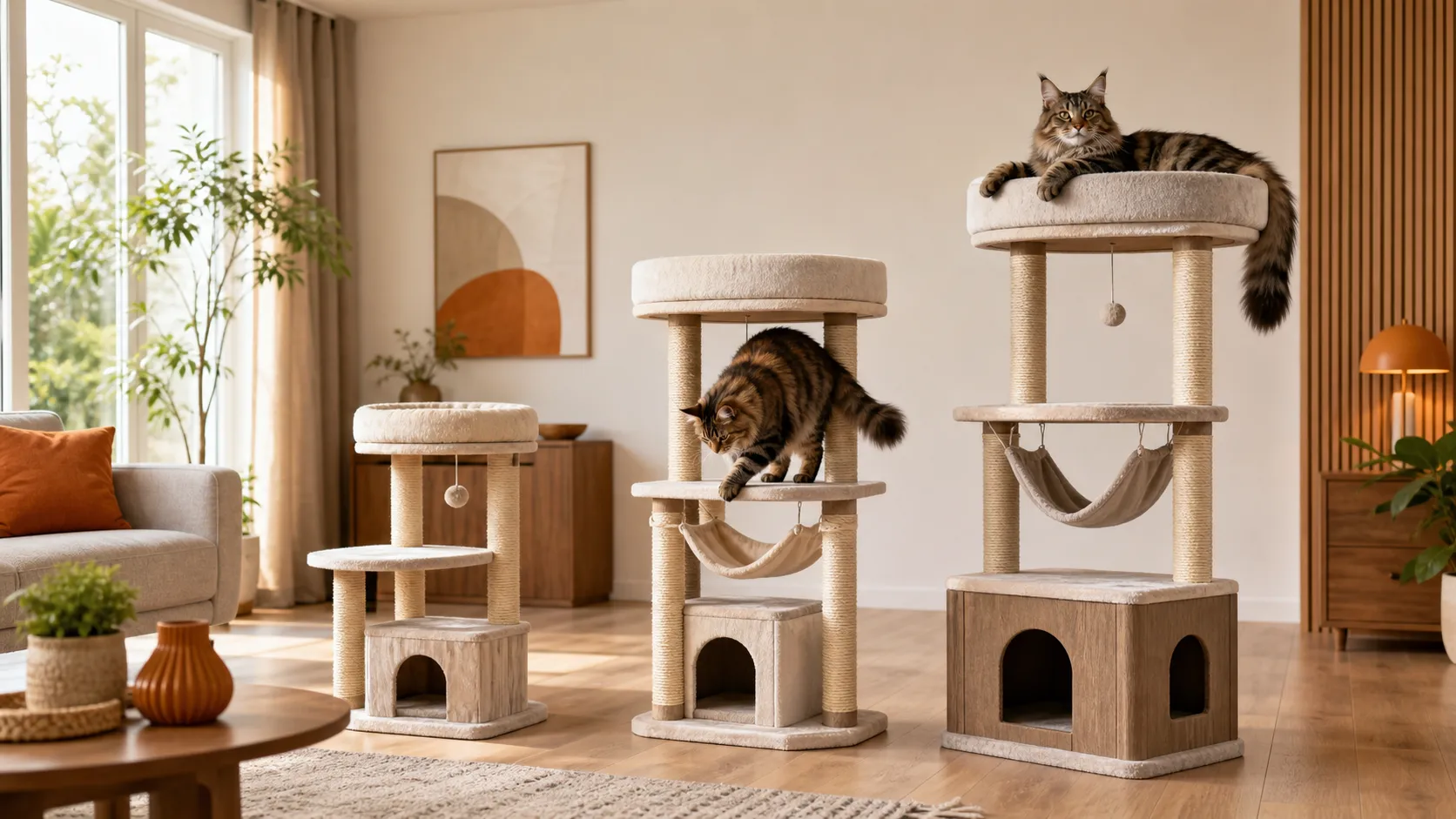 Large cat resting on an appropriately sized cat tree in a bright living room