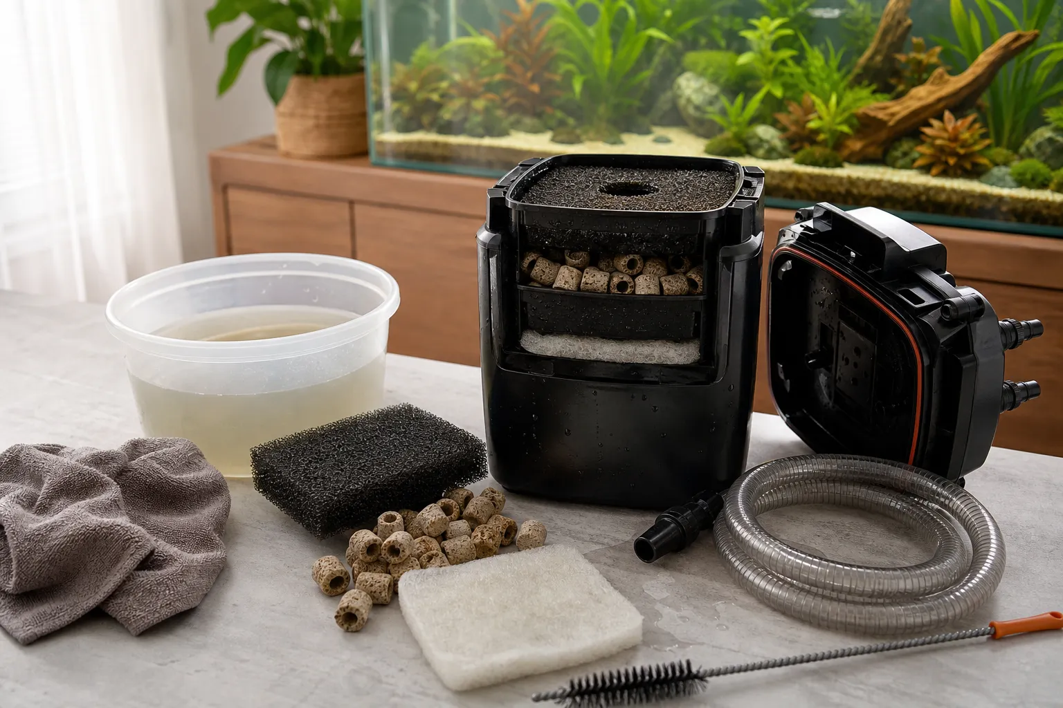 Open canister aquarium filter with wet media baskets, cleaning brush, hoses, and a planted aquarium in the background