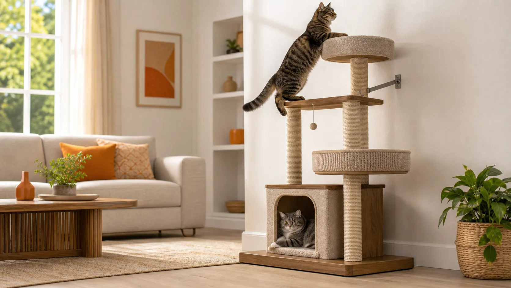 Cat climbing a tall stabilized cat tree secured near a wall in a bright living room