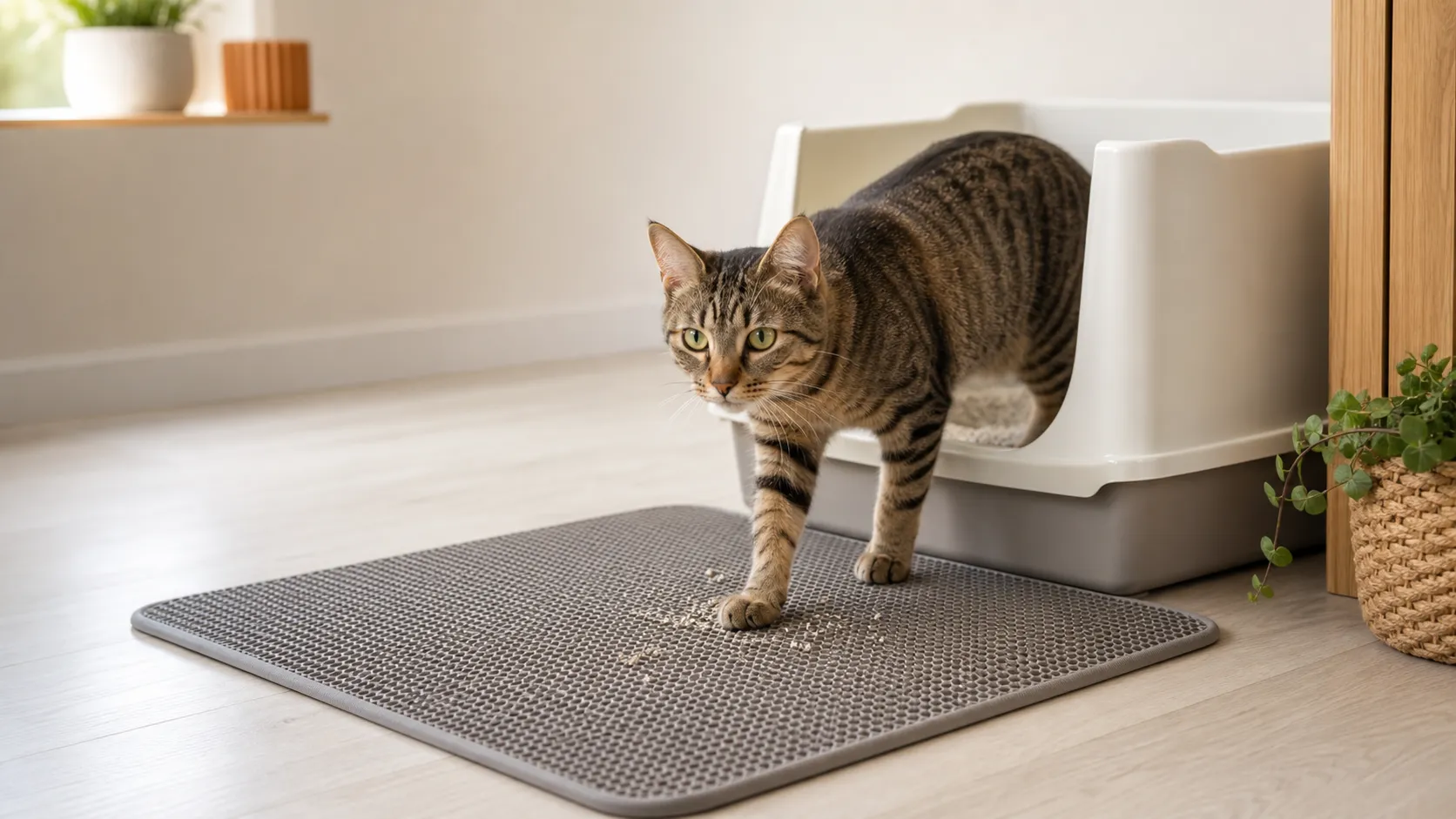 Calm tabby cat walking from a large open litter box onto a wide litter-trapping mat in a bright home