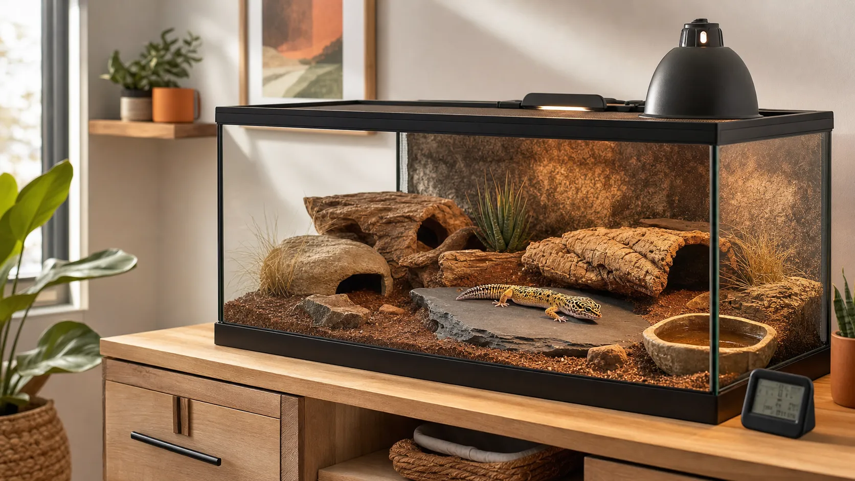 Healthy leopard gecko resting in a warm, naturalistic front-opening terrarium
