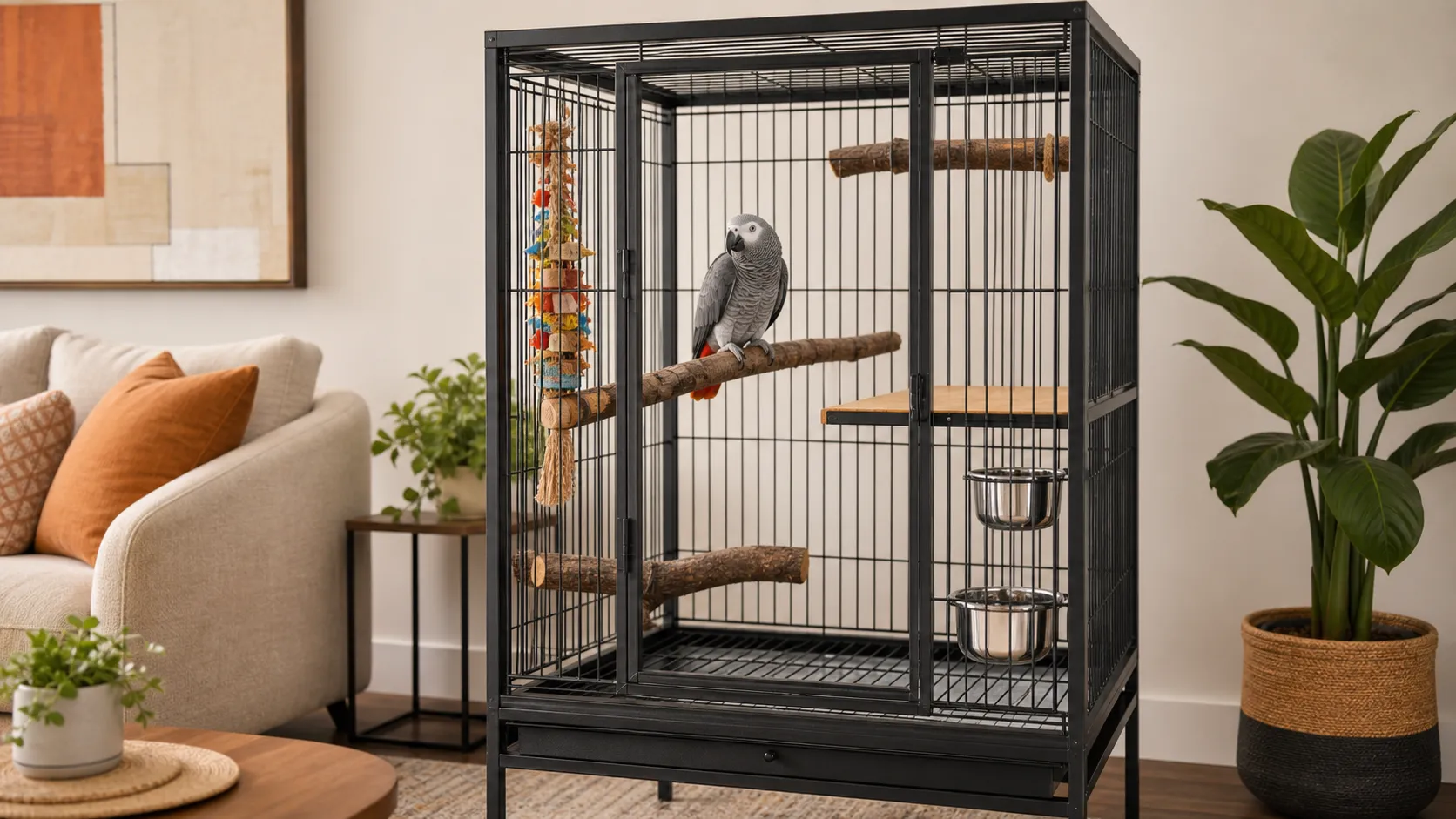 African Grey parrot in a warm modern home cage with natural perches, stainless-steel bowls, shreddable toy, and a quiet sleep zone