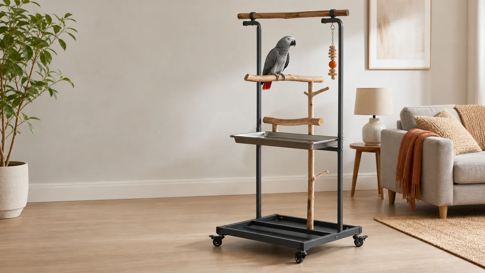 African Grey parrot on a wheeled play stand in a bright living room with a broad base and visible catch tray
