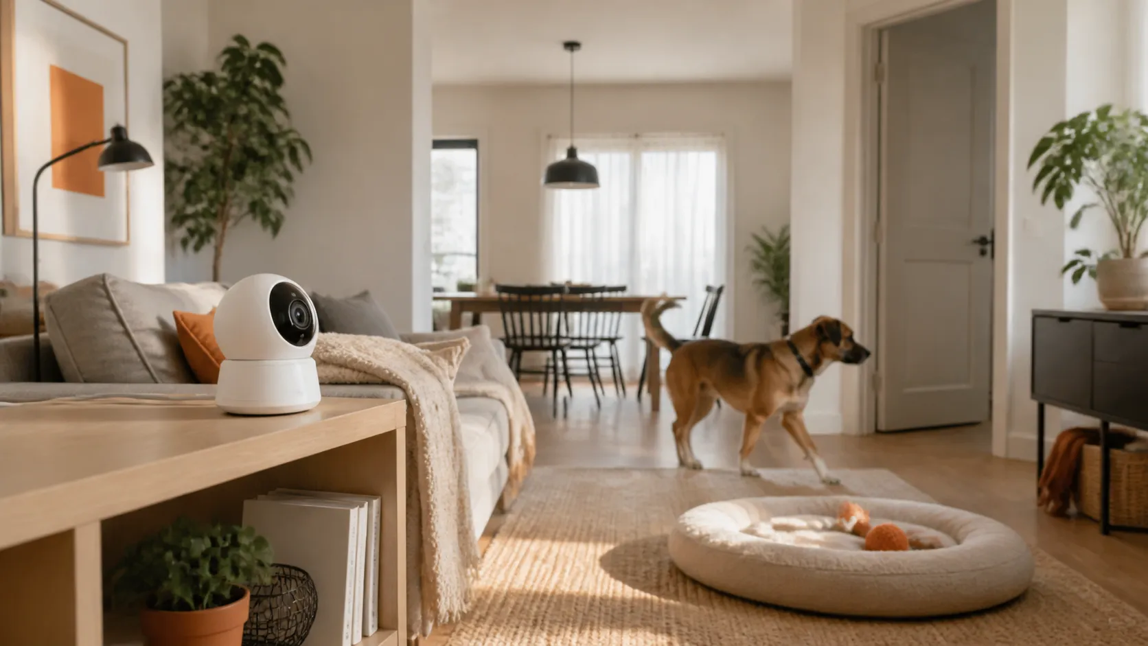 A generic rotating pet camera on a stable shelf overlooking a dog, bed, doorway, and open-plan living area