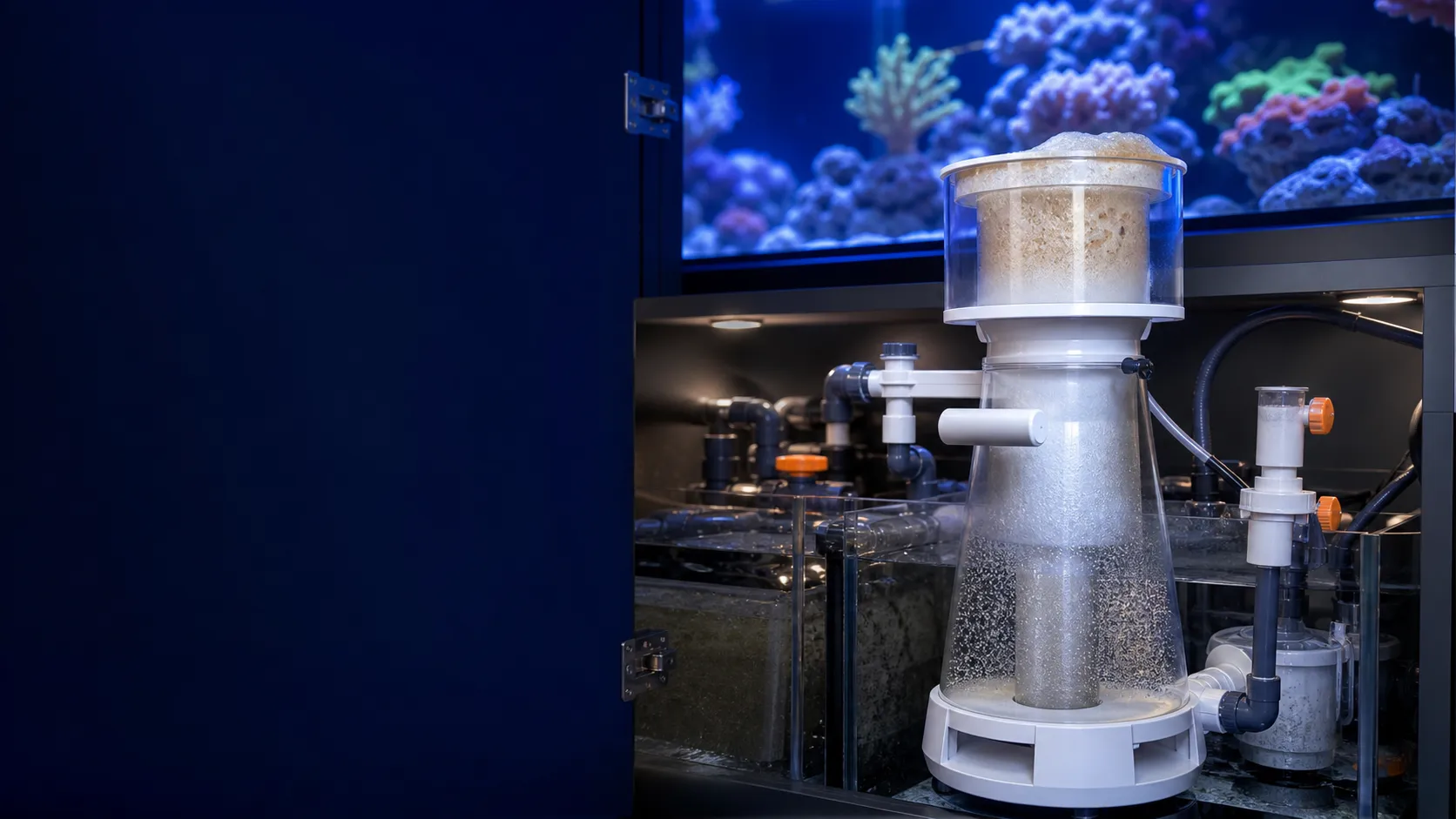 In-sump reef protein skimmer with foam rising into an overflowing collection cup
