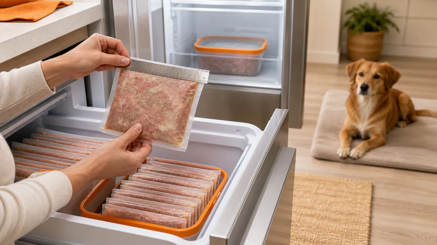 An owner measures a sealed frozen raw dog food pouch above an organized freezer drawer while a dog waits nearby