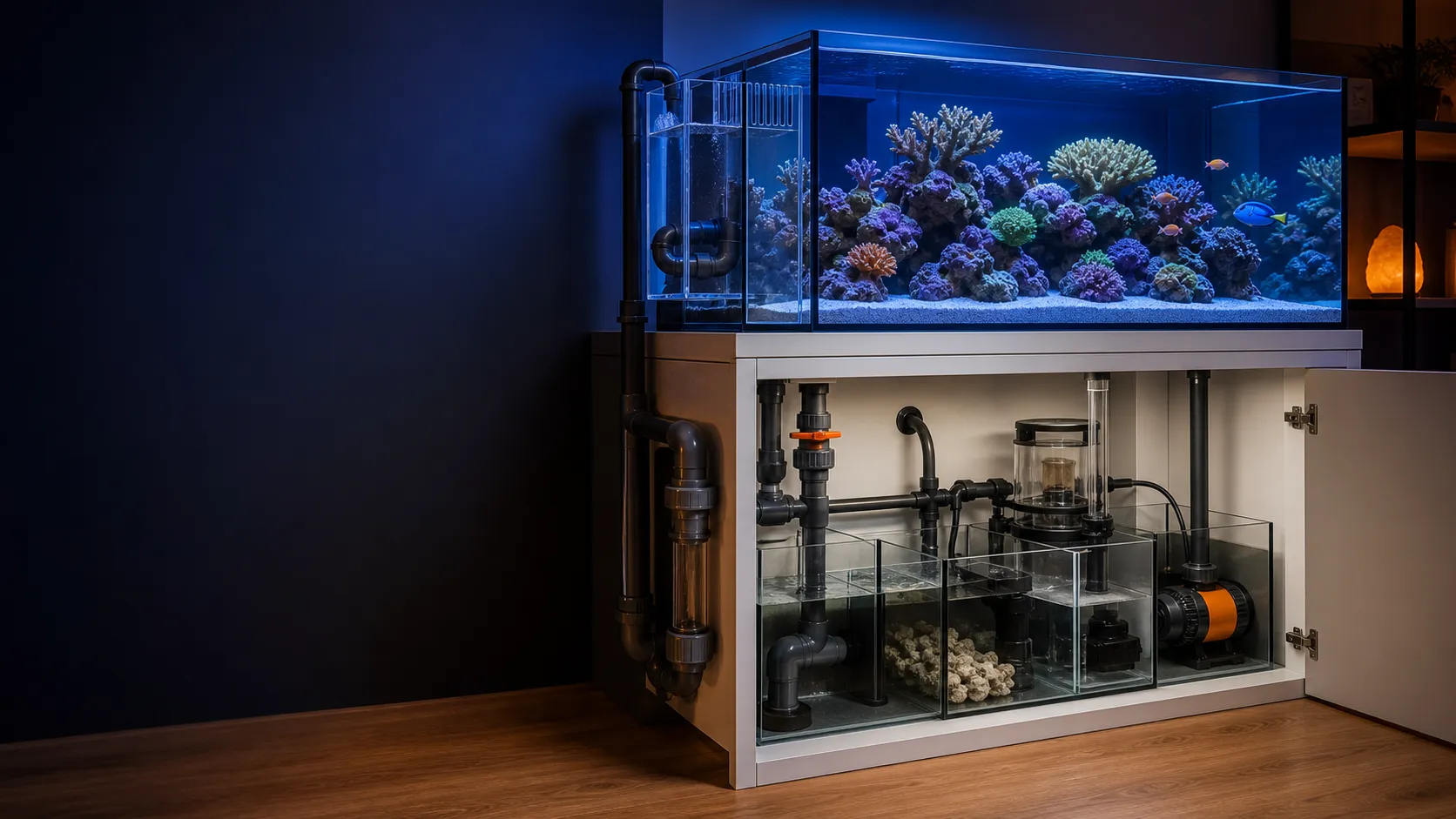 Modern reef aquarium with visible overflow drain plumbing and an open sump cabinet