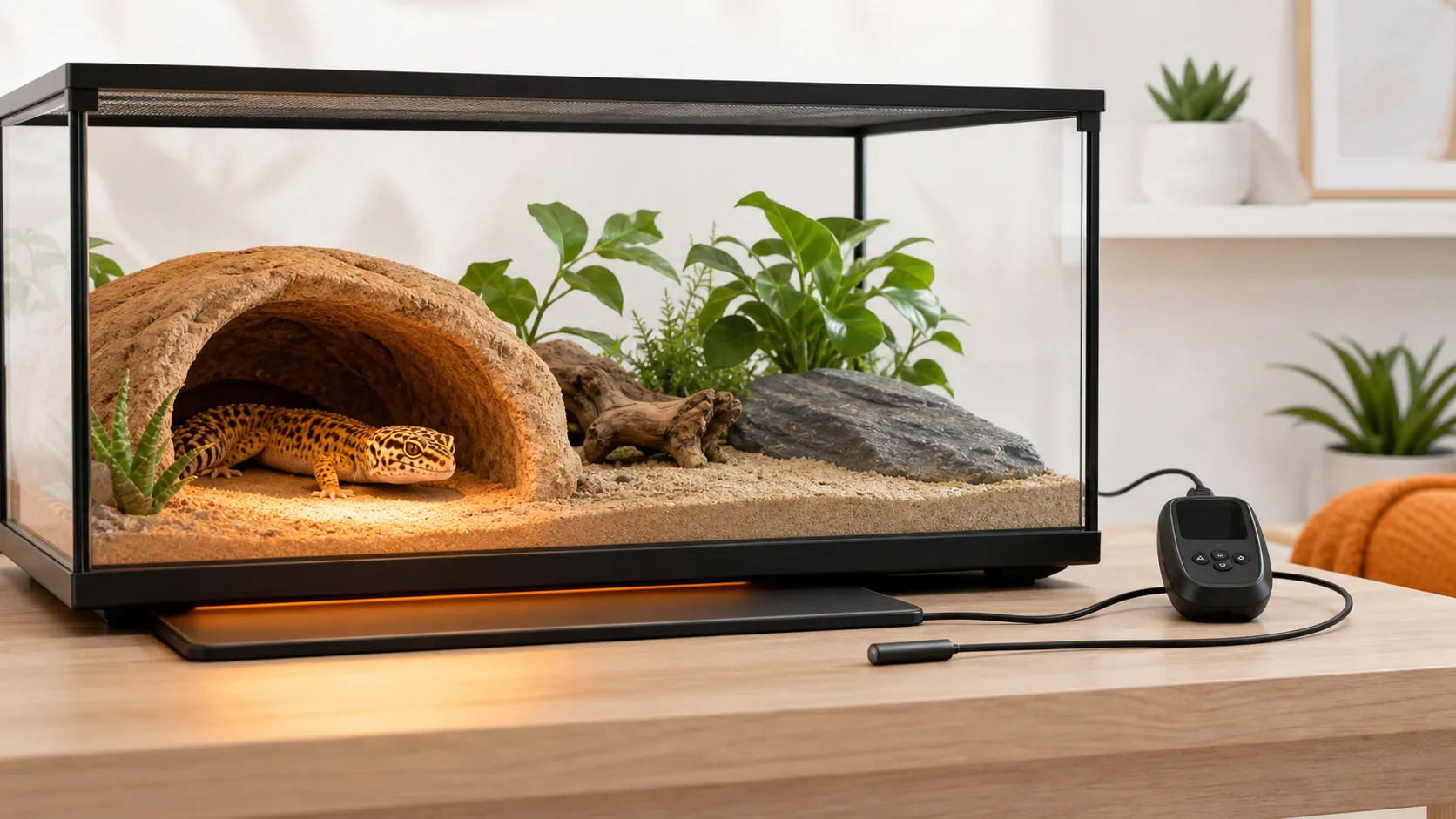 Thermostat-controlled reptile heat mat warming a glass terrarium with a calm leopard gecko in a warm hide