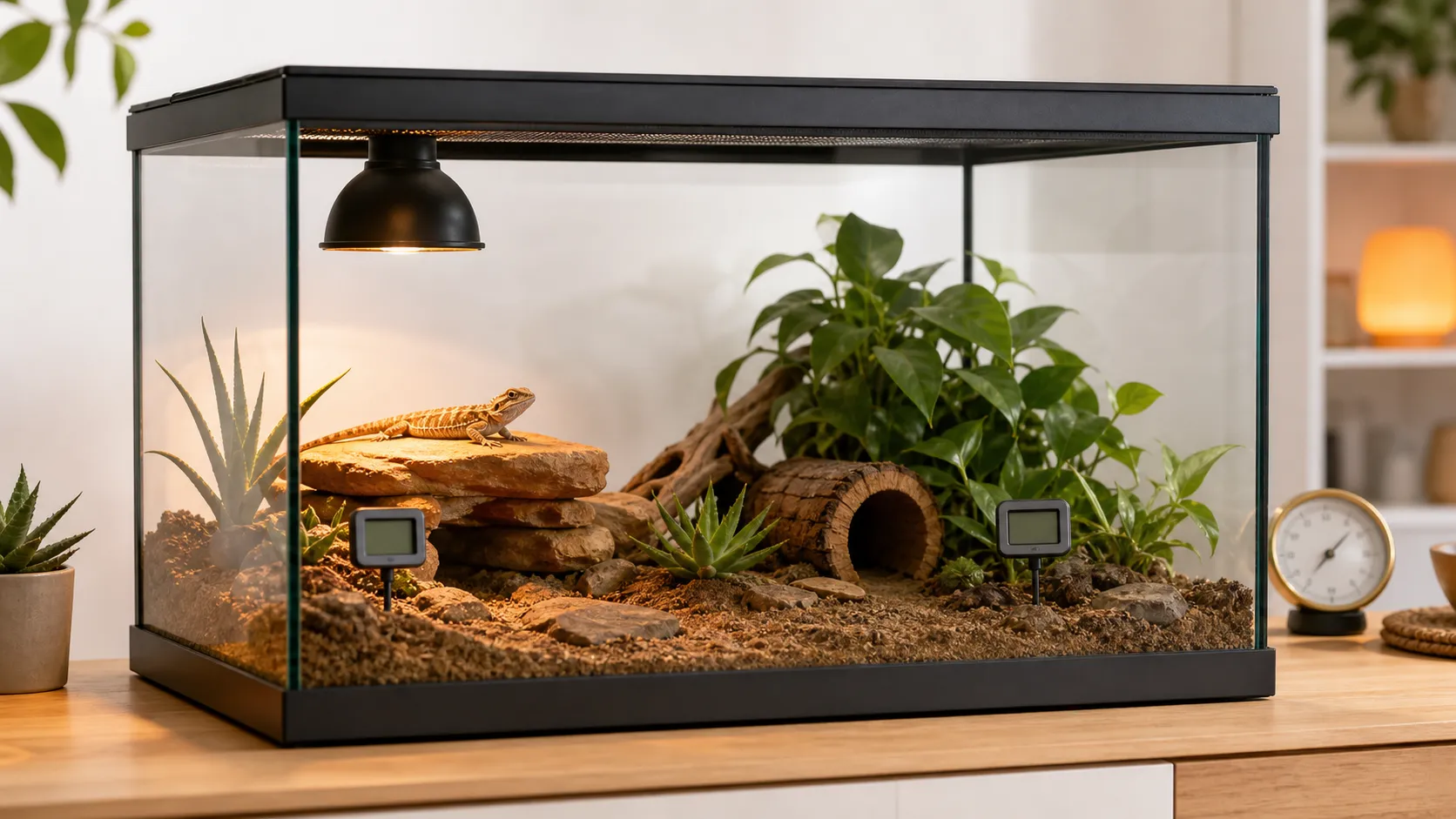 Reptile terrarium with humidity sensors placed on warm and cool sides for calibration and comparison