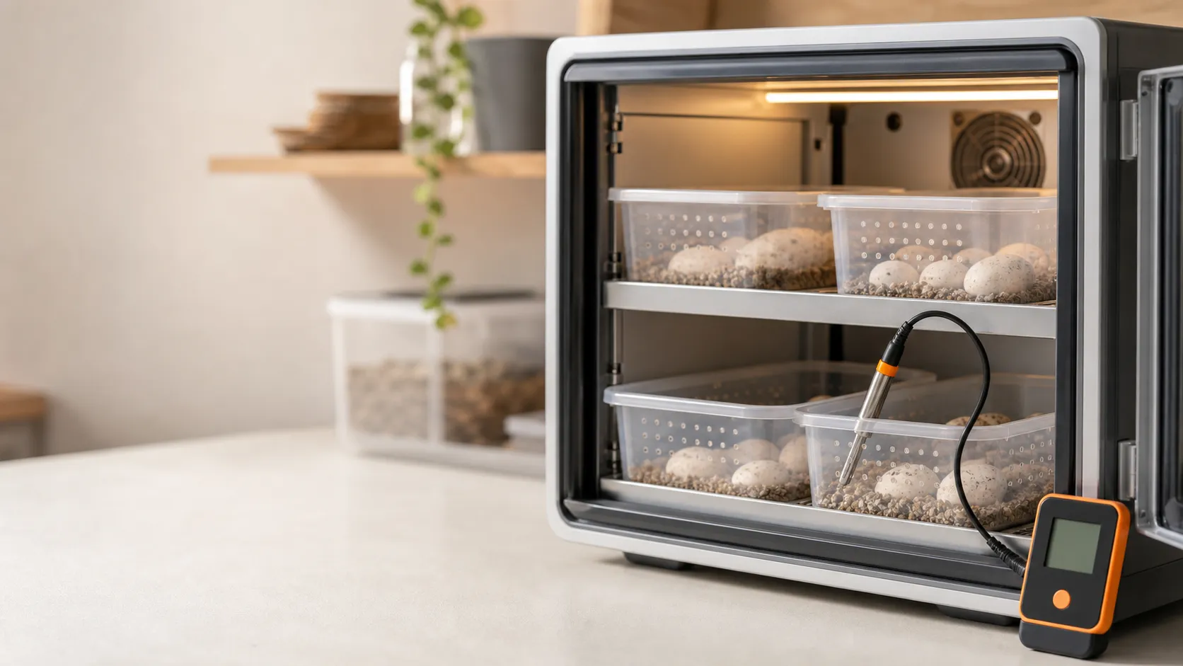 Reptile egg incubator with a temperature probe and independent data logger on a breeder's workbench
