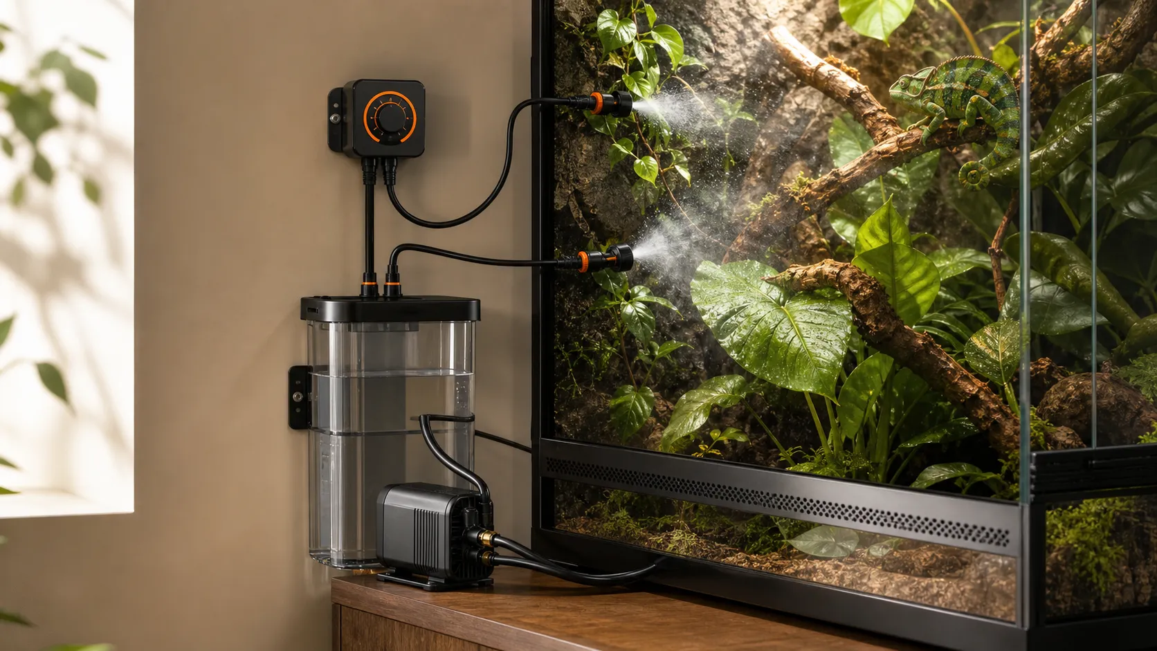Automatic reptile misting system with reservoir, external pump, tubing, adjustable nozzles, and a planted tropical terrarium