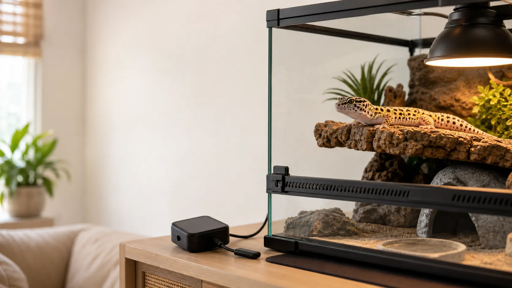 Thermostat-controlled reptile terrarium showing a heat mat, ceramic heater, deep heat projector, and basking lamp setup