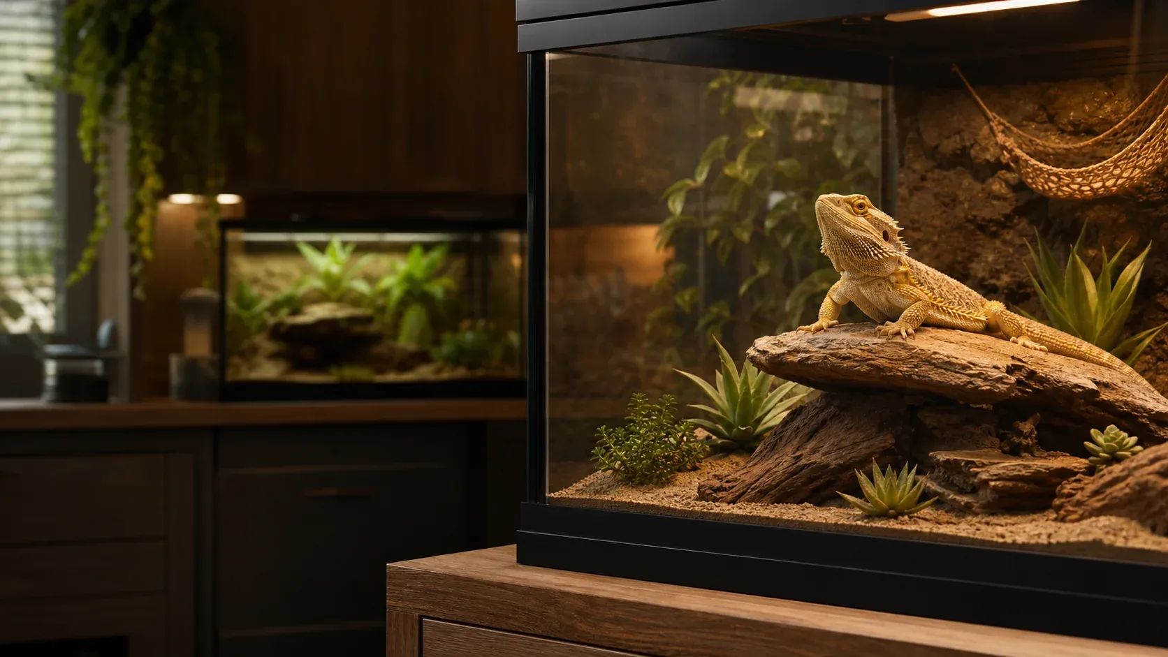 A bearded dragon basking in a naturalistic glass terrarium