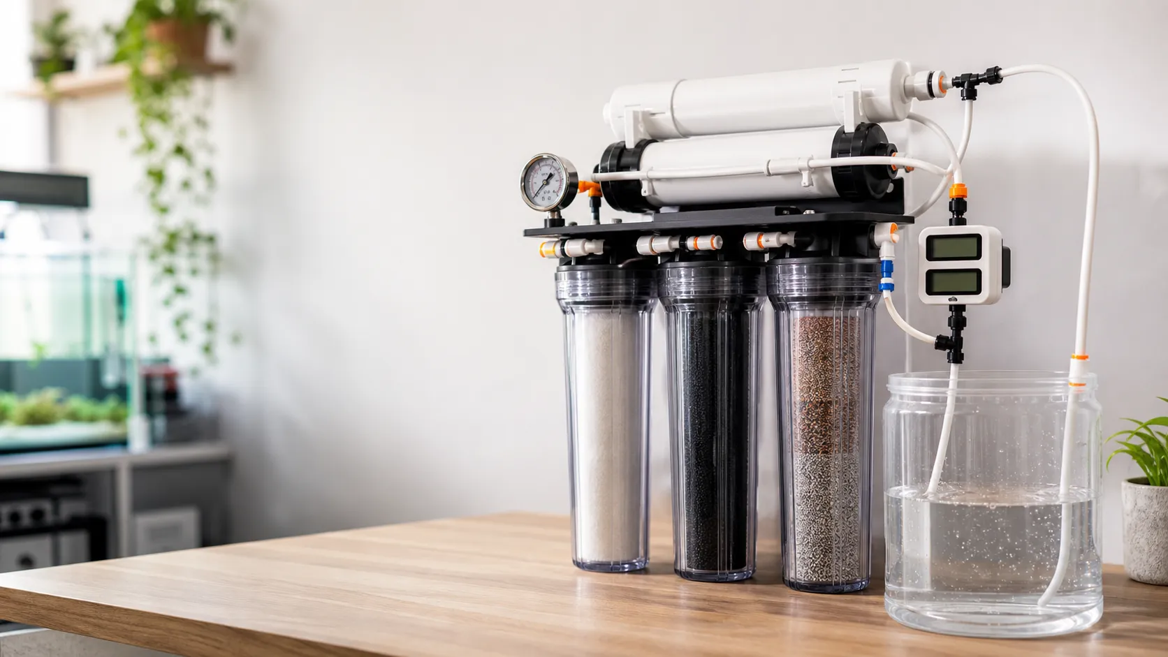 RO/DI filtration system with pressure gauge, dual TDS monitor, tubing, and a clean water collection container