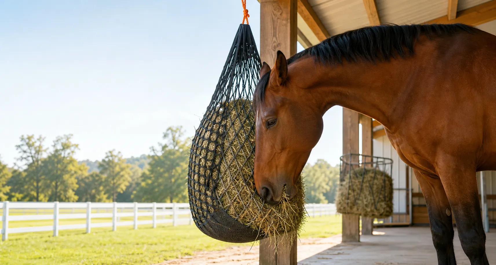 Bay horse eating long-stem hay from a charcoal slow-feeder hay net beside a sunny barn