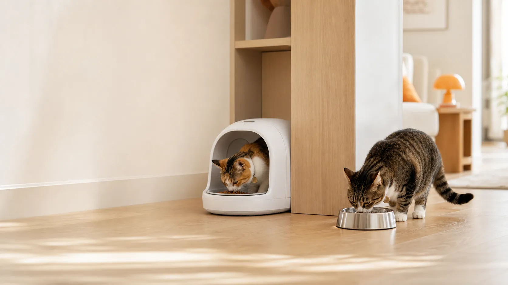 Two cats eating from separate feeding stations in a bright home