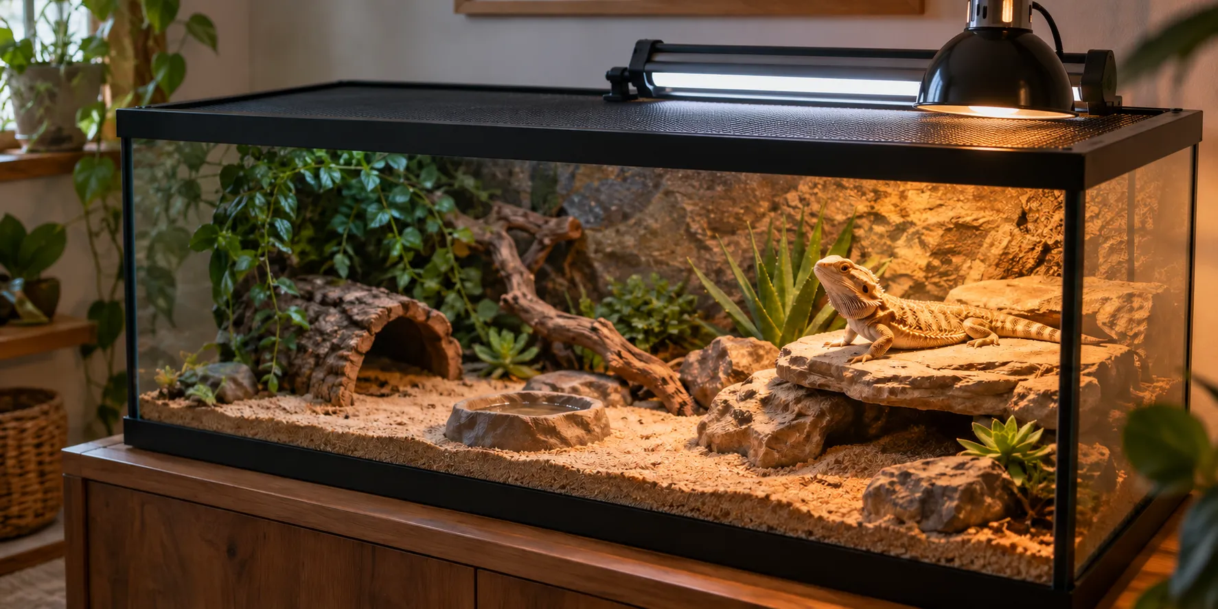 Illustration of a bearded dragon on a basking rock beneath a linear lamp and separate heat lamp, with a shaded hide at the other end of the terrarium.