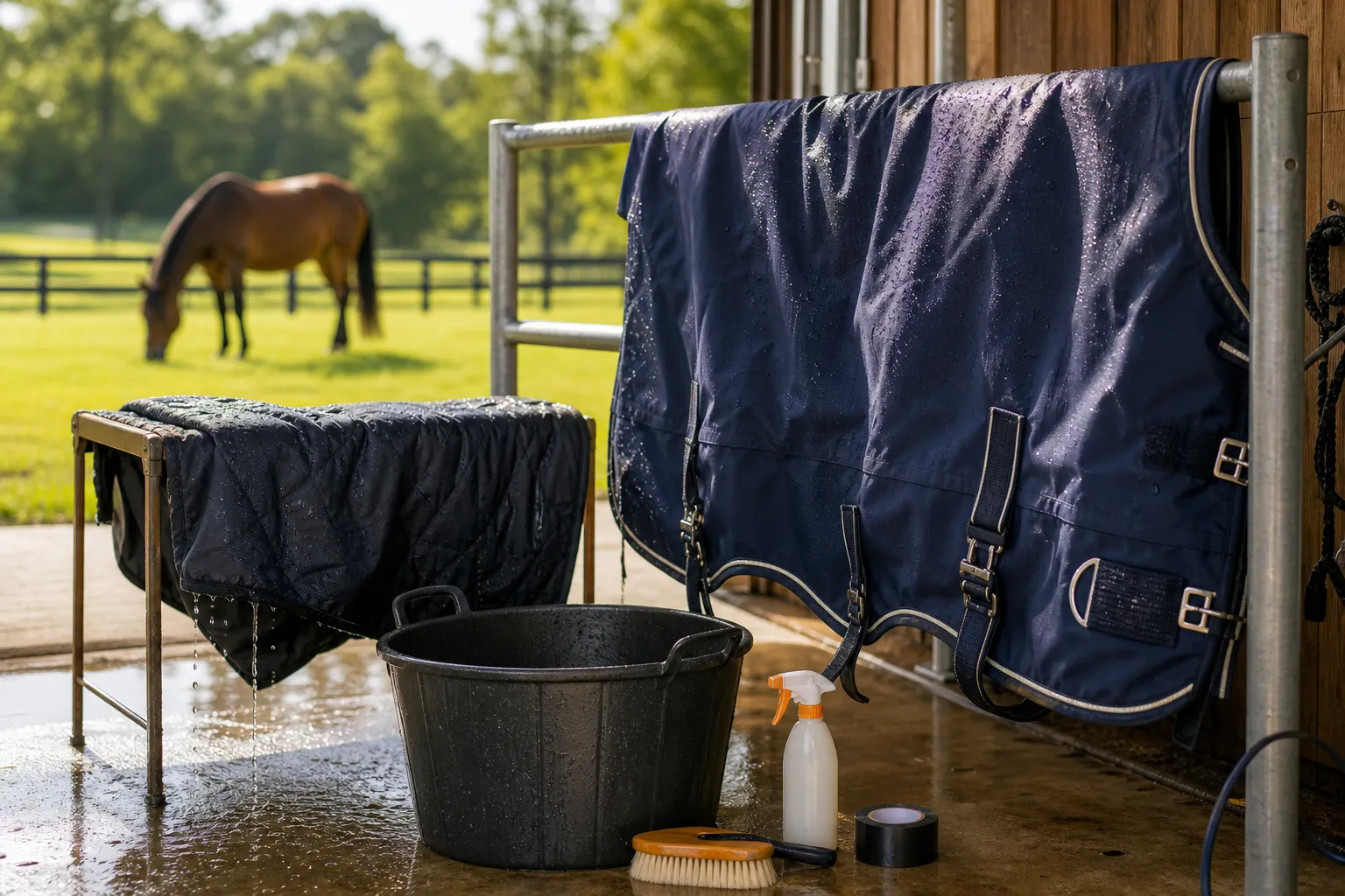A navy horse turnout blanket drying beside a wash tub, brush, repair tape, and a bay horse in a sunny pasture
