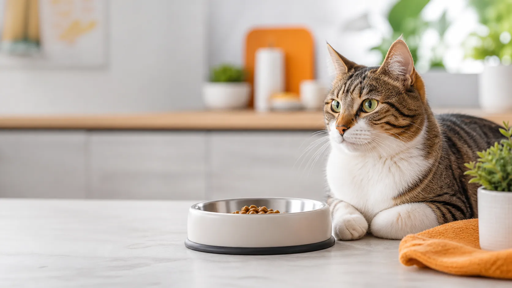 Calm tabby cat beside a shallow feeding bowl in a bright modern kitchen
