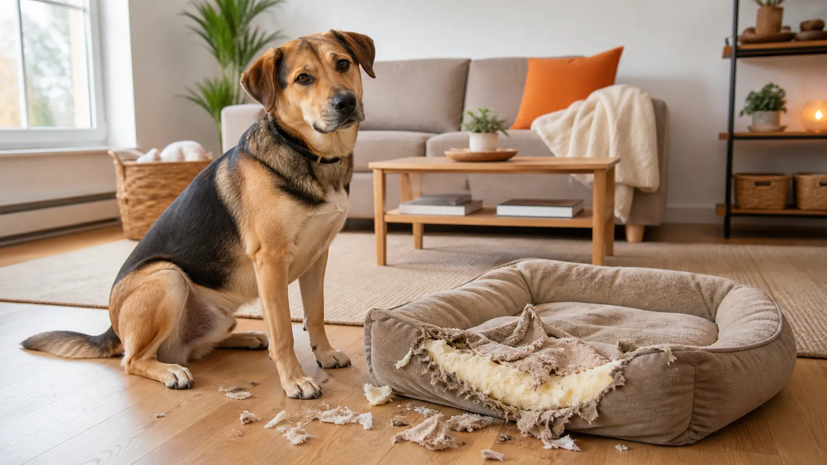 Dog sitting calmly beside a shredded dog bed in a warm living room