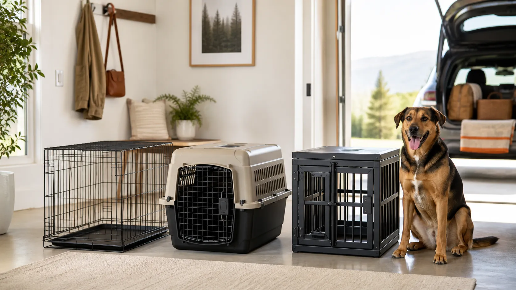 Wire, plastic, and aluminum dog crates arranged in a bright home entryway beside a calm dog and an open vehicle