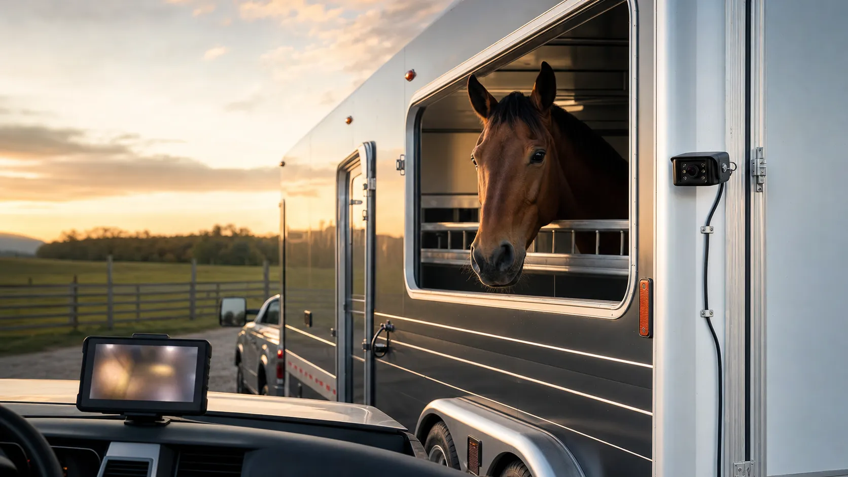 A calm bay horse inside a trailer while a wireless camera and wired monitor setup are prepared beside a pickup truck