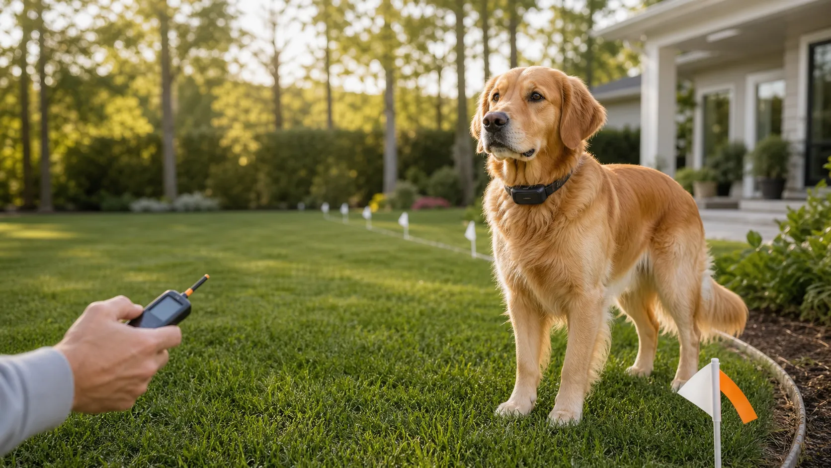 Golden retriever wearing a generic containment receiver collar near boundary flags while an owner checks a wireless dog fence in a bright backyard