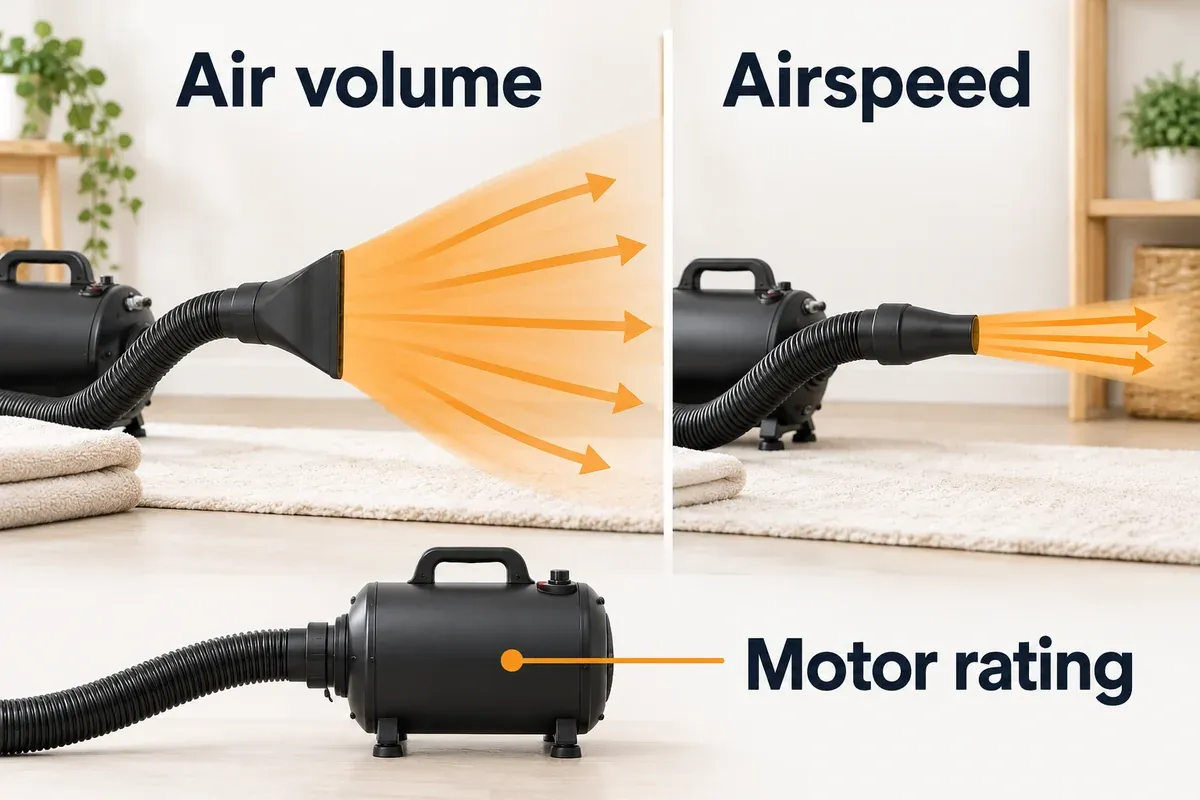 Dryer illustration comparing airflow volume, a nozzle's concentrated stream and the motor rating.