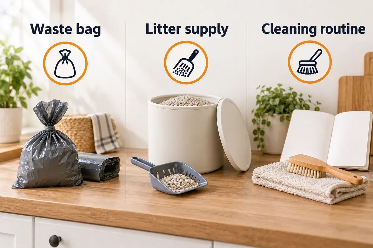 Illustrated ownership tasks: replacement waste bag, litter supply, and cleaning tools with the manual.