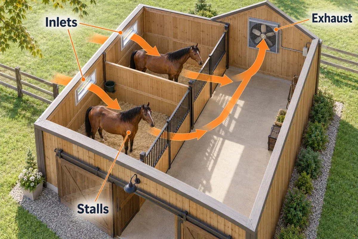 Cutaway barn example with outside-air inlets serving two horse stalls and arrows continuing to a guarded exhaust outlet.
