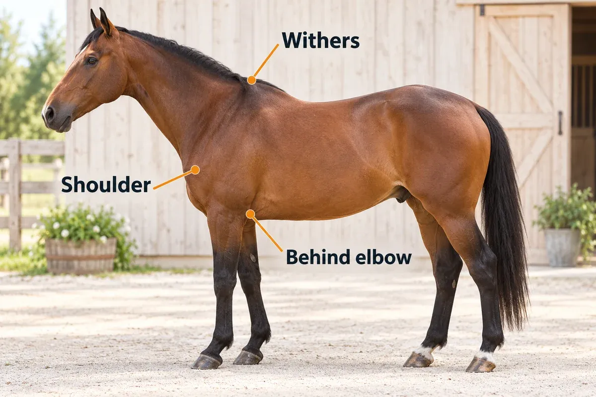 Side view of an unblanketed horse with the withers, front shoulder and area behind the elbow marked for inspection.