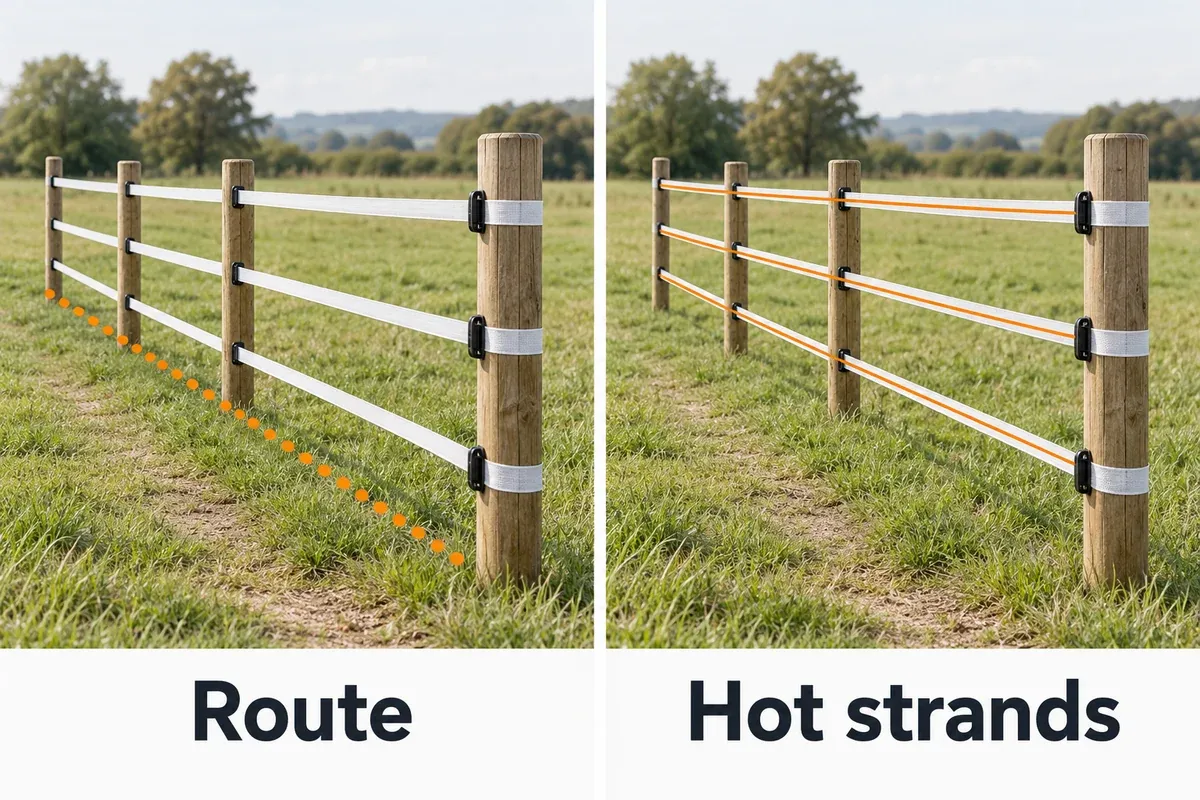 The same example fence run shown first as one ground route and then with its three hot strands highlighted separately.