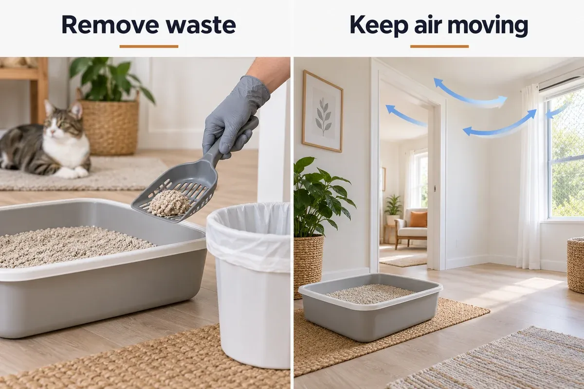 Daily waste removal from an open litter tray and a placement example with unobstructed room airflow.