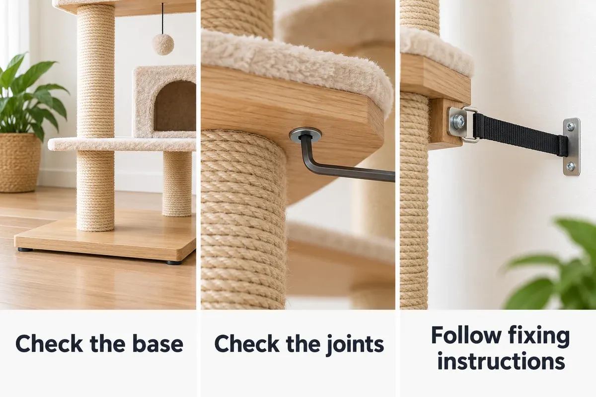 Cat-tree checks for flat base support, intact joints and a correctly placed upper restraint.