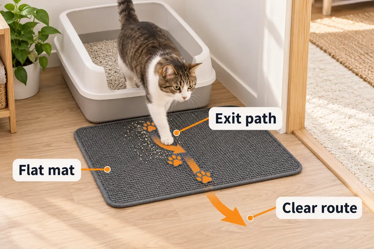 Cat exiting a litter box onto a flat mat placed directly in the natural walking path.