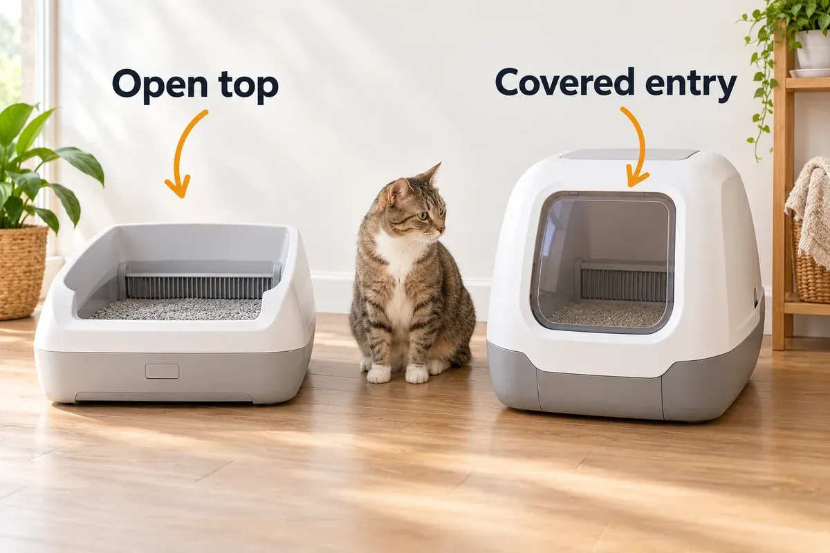 Generic open-top and covered-entry automatic litter-box shapes with clear approaches.