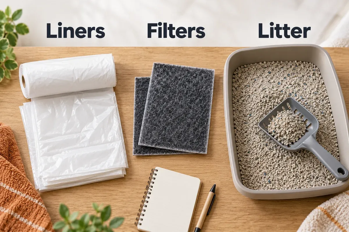 Generic liners, filter material and litter arranged as ongoing automatic litter-box supplies.
