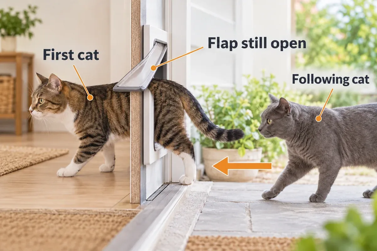 Two cats approaching the same cat flap in sequence while the first passage remains open.