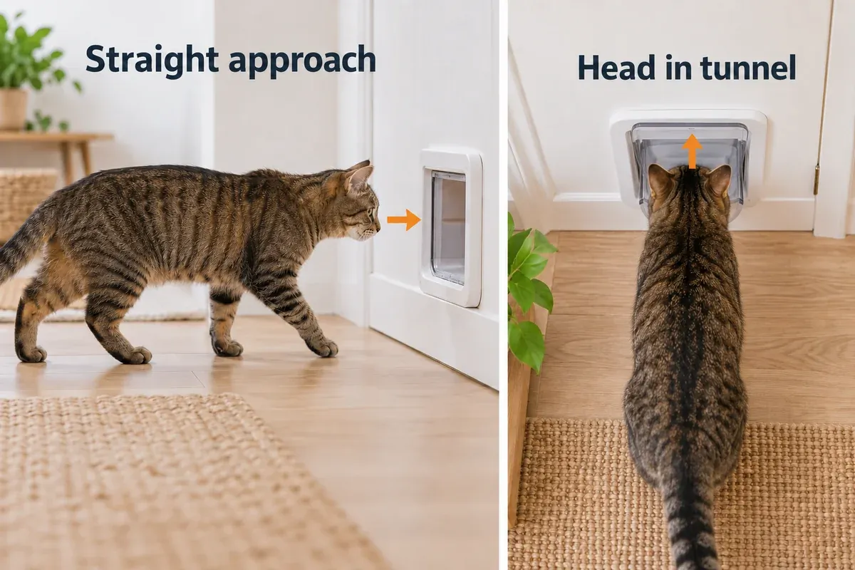 Side and top views of a cat approaching a generic cat-flap tunnel straight and voluntarily.